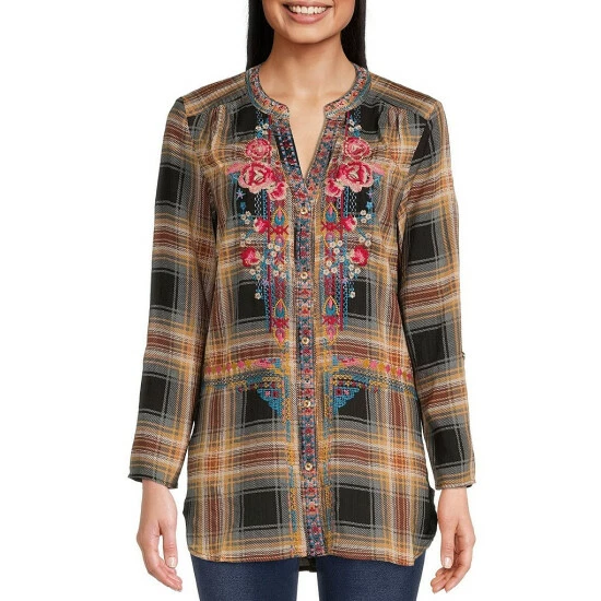 Best reviews of 🌟 Calessa Petite Size Embroidered Floral Plaid Print Split Round Neck 3/4 Roll-Tab Sleeve Button Front Tunic Black Multi 👏 - Image 3