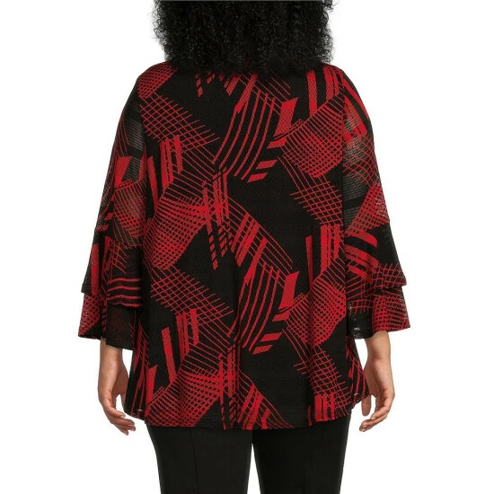 Best Pirce ✔️ Calessa Plus Size Abstract Geometric Print Mesh Knit V-Neck 3/4 Bell Sleeve Layered Tunic Black/red ✨ - Image 2