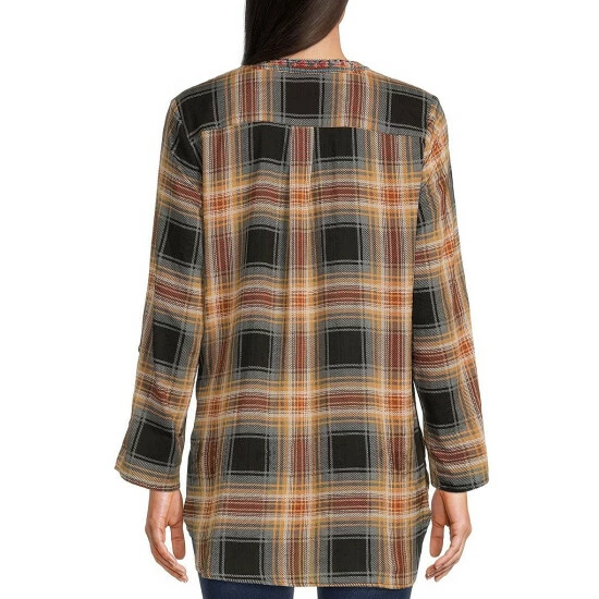 Best reviews of 🌟 Calessa Petite Size Embroidered Floral Plaid Print Split Round Neck 3/4 Roll-Tab Sleeve Button Front Tunic Black Multi 👏 - Image 4