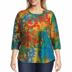 Best Pirce ❤️ Calessa Plus Size Burnout Tie Dye Print Jacquard Knit Jewel Neck 3/4 Sleeve Top Blue Multi 🔥
