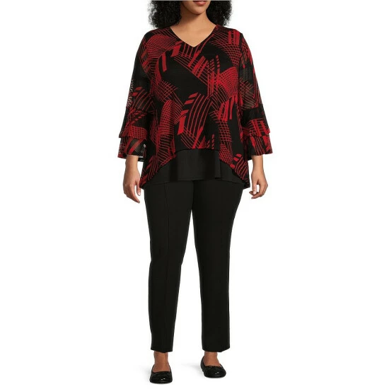Best Pirce ✔️ Calessa Plus Size Abstract Geometric Print Mesh Knit V-Neck 3/4 Bell Sleeve Layered Tunic Black/red ✨ - Image 3