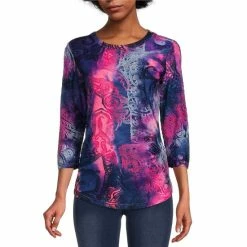 Deals 😉 Calessa Burnout Tie Dye Abstract Paisley Print Jewel Neck 3/4 Sleeve Jacquard Blouse Purple/multi ❤️