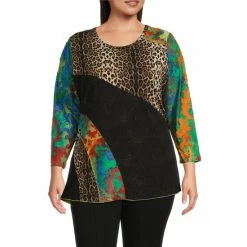 Best reviews of 🧨 Calessa Plus Size Patchwork Burnout Abstract Print Jewel Neck 3/4 Sleeve Knit Top Blue Multi 👍