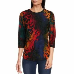 Best deal 😉 Calessa Burnout Tie Dye Knit Jewel Neck 3/4 Sleeve Tunic Red Multi 💯