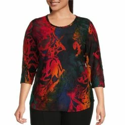Best reviews of 👍 Calessa Plus Size Burnout Tie Dye Knit Jewel Neck 3/4 Sleeve Top Red Multi ❤️