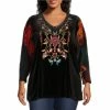 Best reviews of 🤩 Calessa Plus Size Velvet Embroidered V-Neck Tie Dye Burnout Knit Bracelet Sleeve Tunic Black Multi ✨