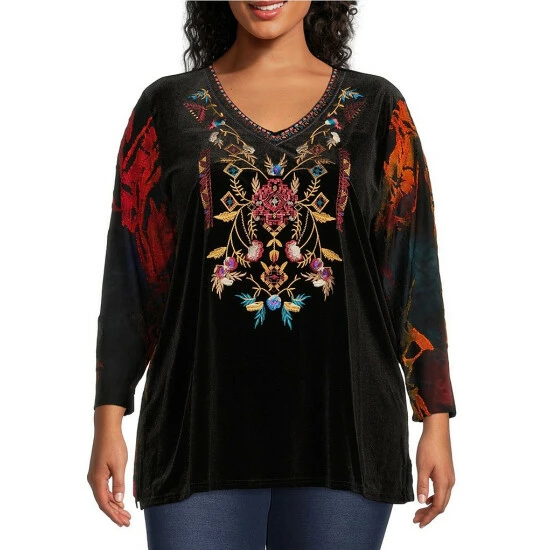 Best reviews of π€© Calessa Plus Size Velvet Embroidered V-Neck Tie Dye Burnout Knit Bracelet Sleeve Tunic Black Multi β¨