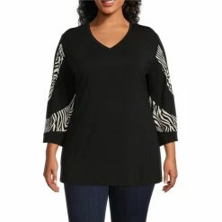 Cheapest 👏 Calessa Plus Size Color Block V-Neck 3/4 Kimono Sleeve Tunic Black/white ⌛
