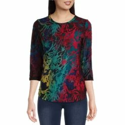 Best Pirce 💯 Calessa Knit Burnout Tie Dye Jewel Neck 3/4 Sleeve 👕 Shirttail Hem Tunic Navy Multi 👏