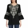Best Sale ❤️ Calessa Geometric Embroidered Print Split Round Neck 3/4 Bell Cuff Sleeve Tunic Black/white 😀