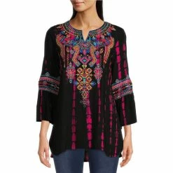 Cheap ❤️ Calessa Woven Embroidered Tie Dye Print Split V-Neck 3/4 Flare Sleeve Tunic Fuchsia/multi 🥰