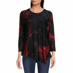 Hot Sale 🔔 Calessa Burnout Tie Dye Knit Print Jewel Neck 3/4 Sleeve Asymmetrical Hem Tunic Black Multi 👍