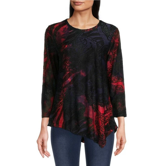 Hot Sale 🔔 Calessa Burnout Tie Dye Knit Print Jewel Neck 3/4 Sleeve Asymmetrical Hem Tunic Black Multi 👍