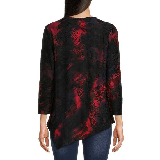 Hot Sale 🔔 Calessa Burnout Tie Dye Knit Print Jewel Neck 3/4 Sleeve Asymmetrical Hem Tunic Black Multi 👍 - Image 2
