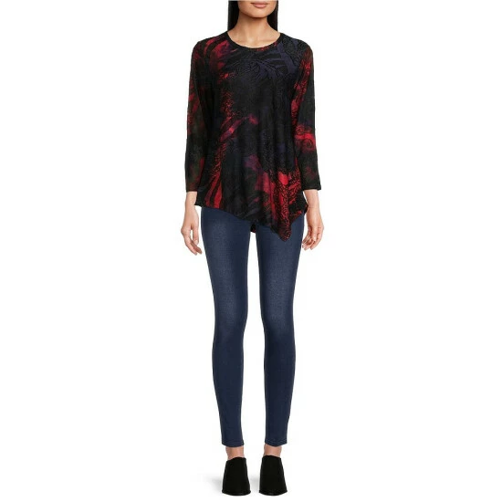 Hot Sale 🔔 Calessa Burnout Tie Dye Knit Print Jewel Neck 3/4 Sleeve Asymmetrical Hem Tunic Black Multi 👍 - Image 3