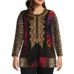 Promo 😀 Calessa Plus Size Tie Dye Animal Patchwork Embroidered Jewel Neck Long Sleeve Henley Button Top Black Multi 🔔