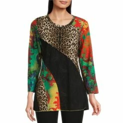 Best Sale 👍 Calessa Knit Patchwork Abstract Print Jewel Neck 3/4 Sleeve Tunic Blue/multi 🧨