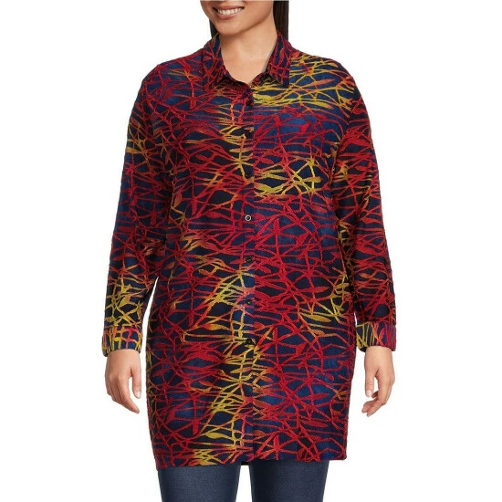 Discount π Calessa Plus Size Burnout Tie Dye Print Knit Point Collar Neck Long Sleeve Button Front Tunic Blue Multi π