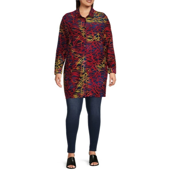 Discount π Calessa Plus Size Burnout Tie Dye Print Knit Point Collar Neck Long Sleeve Button Front Tunic Blue Multi π - Image 3