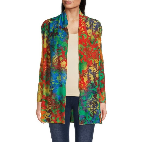 Coupon 😉 Calessa Tie Dye Burnout Print Long Sleeve Knit Open Front Cardigan Blue Multi 😀