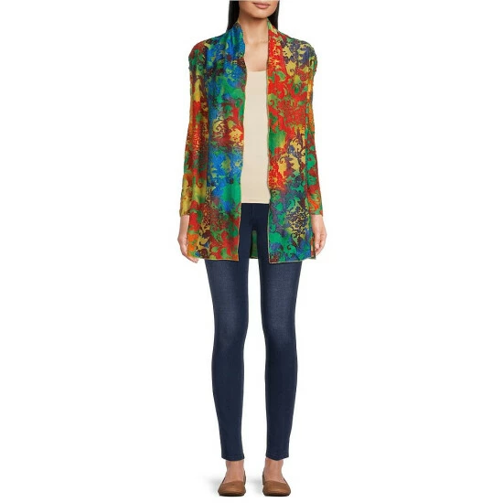 Coupon 😉 Calessa Tie Dye Burnout Print Long Sleeve Knit Open Front Cardigan Blue Multi 😀 - Image 3