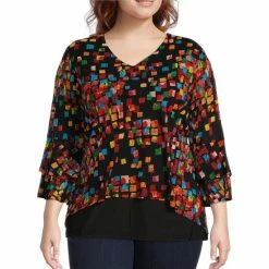 Buy 🎁 Calessa Plus Size Stretch Mesh Abstract Geometric Print V-Neck 3/4 Double Ruffle Sleeve Tunic Black Multi 🥰
