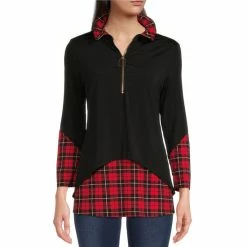 New π Calessa Color Block Print Long Sleeve Half Zip Layered Twofer Tunic Black Multi π