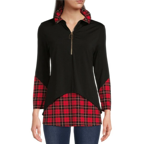 New 😀 Calessa Color Block Print Long Sleeve Half Zip Layered Twofer Tunic Black Multi 😉