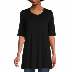 Best Sale 💯 Calessa Short Sleeve Jewel Neck Swing Flare Hem Knit Jersey Tunic Black ✨