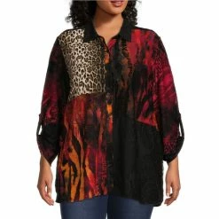 Promo 🔥 Calessa Plus Size Knit Patchwork Animal Print Point Collar 3/4 Roll-Tab Sleeve Button Front Tunic Gold Multi 👍