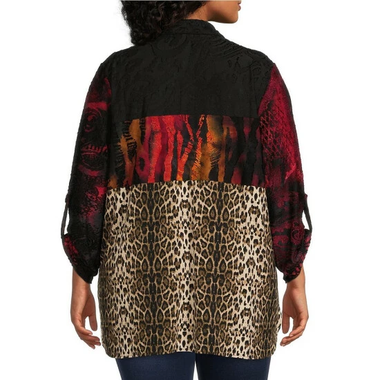Promo 🔥 Calessa Plus Size Knit Patchwork Animal Print Point Collar 3/4 Roll-Tab Sleeve Button Front Tunic Gold Multi 👍 - Image 2