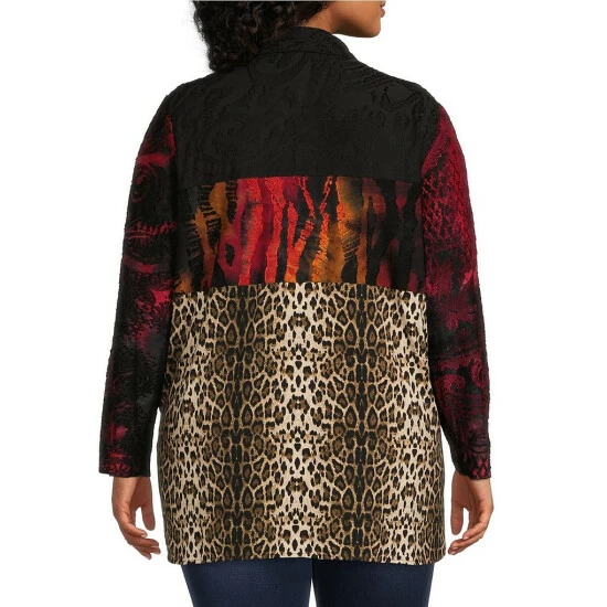 Promo 🔥 Calessa Plus Size Knit Patchwork Animal Print Point Collar 3/4 Roll-Tab Sleeve Button Front Tunic Gold Multi 👍 - Image 4