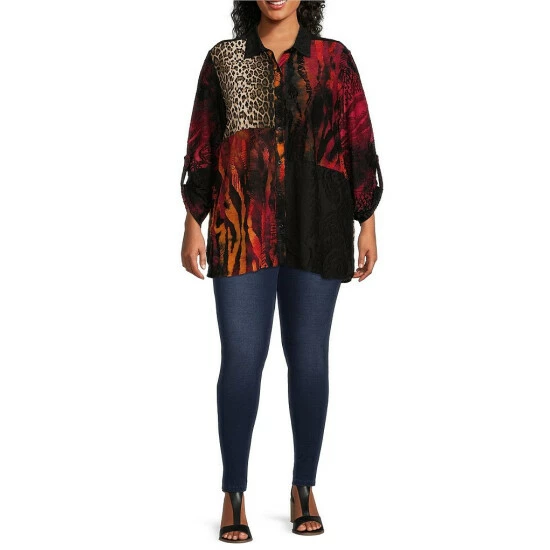 Promo 🔥 Calessa Plus Size Knit Patchwork Animal Print Point Collar 3/4 Roll-Tab Sleeve Button Front Tunic Gold Multi 👍 - Image 5