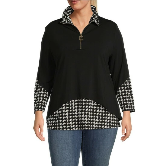 Brand new โ Calessa Plus Size Houndstooth Print Matte Jersey Quarter Zip Wire Collar Neck Bracelet Sleeve Two-Fer Tunic Black/white ๐