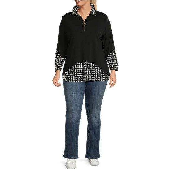 Brand new โ Calessa Plus Size Houndstooth Print Matte Jersey Quarter Zip Wire Collar Neck Bracelet Sleeve Two-Fer Tunic Black/white ๐ - Image 3