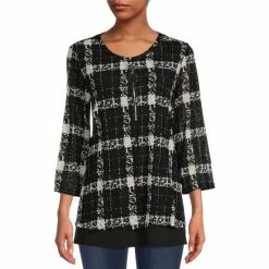 Discount ⌛ Calessa Plaid Print Jewel Neck 3/4 Sleeve Mesh Lace Two-Fer Tunic Black/white 🎁