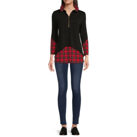 New 😀 Calessa Color Block Print Long Sleeve Half Zip Layered Twofer Tunic Black Multi 😉 - Image 3