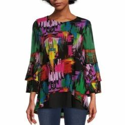 Budget ✨ Calessa Petite Size Geometric Print V-Neck 3/4 Double Ruffle Sleeve High-Low Hem Top Black Multi 🌟