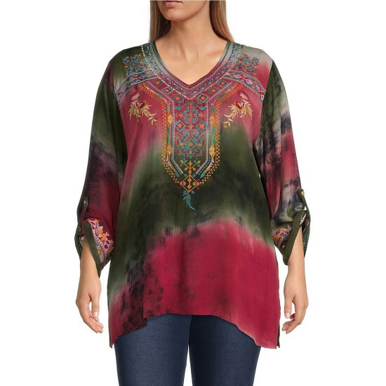 Wholesale π― Calessa Plus Size Tie Dye Print Embroidered V-Neck 3/4 Roll-Tab Sleeve Tunic Olive Multi π₯°