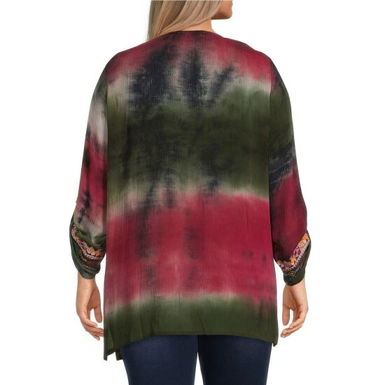Wholesale π― Calessa Plus Size Tie Dye Print Embroidered V-Neck 3/4 Roll-Tab Sleeve Tunic Olive Multi π₯° - Image 2