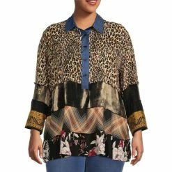 Best Pirce ❤️ Calessa Plus Size Woven Tiered Patchwork Animal Print Point Collar 3/4 Sleeve Tunic Black Multi 🌟