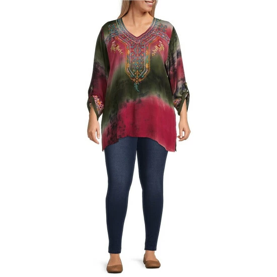 Wholesale π― Calessa Plus Size Tie Dye Print Embroidered V-Neck 3/4 Roll-Tab Sleeve Tunic Olive Multi π₯° - Image 3