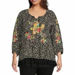 Cheapest 🧨 Calessa Plus Size Woven Tie Scoop Neck 3/4 Sleeve Embroidered Lace Tunic Top Crimson Multi ✔️
