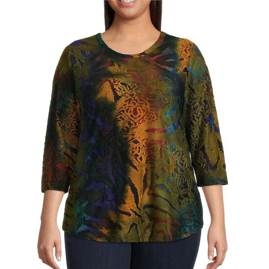 Cheap π₯° Calessa Plus Size Jacquard Knit Abstract Paisley Burnout Print Jewel Neck 3/4 Sleeve Tunic Blue Multi π