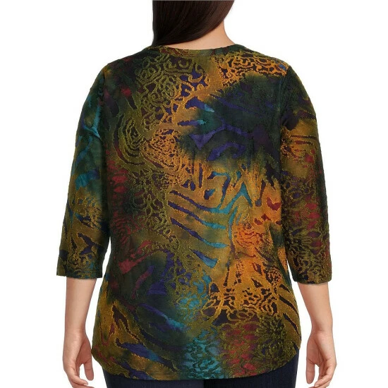 Cheap π₯° Calessa Plus Size Jacquard Knit Abstract Paisley Burnout Print Jewel Neck 3/4 Sleeve Tunic Blue Multi π - Image 2