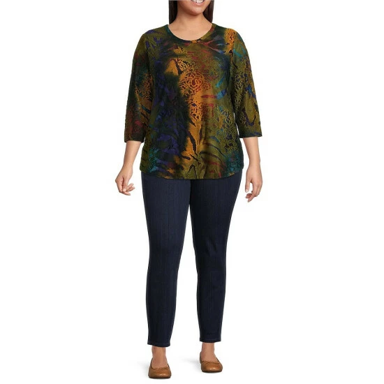 Cheap π₯° Calessa Plus Size Jacquard Knit Abstract Paisley Burnout Print Jewel Neck 3/4 Sleeve Tunic Blue Multi π - Image 3