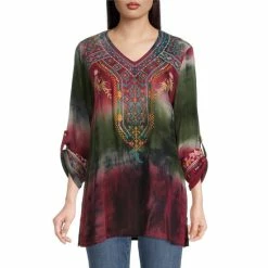 Deals ✔️ Calessa Petite Size Embroidered Tie Dye Print V-Neck 3/4 Sleeve Tunic Olive Multi ✔️