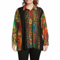 Buy 🎁 Calessa Plus Size Patchwork Burnout Animal Tie Dye Seam Detail Point Collar Long Sleeve Button Front Tunic Blue Multi 😉
