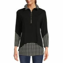 Promo ✨ Calessa Houndstooth Print Matte Jersey Quarter Zip Wire Collar Neck Bracelet Sleeve Two-Fer Tunic Black/white 👏