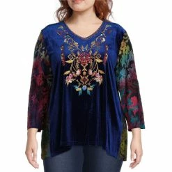 Discount ⌛ Calessa Plus Size Velvet Embroidered Burnout Tie Dye Print V-Neck Long Sleeve Tunic Navy Multi 🔔